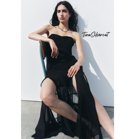 BLOGGER'S FAVE! Zara Semi Sheer Strapless Midi Dress Black NWT - Picture 4 of 14